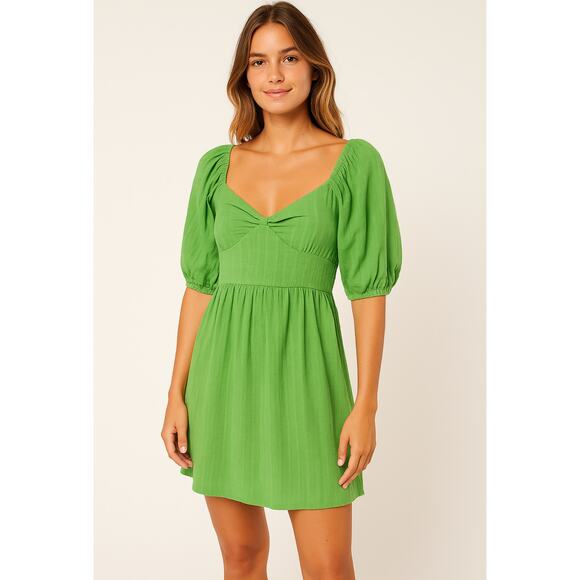 Billabong SOL Puff Sleeve Mini Dress Green Small NWT A Line Boho Chic - Picture 1 of 13
